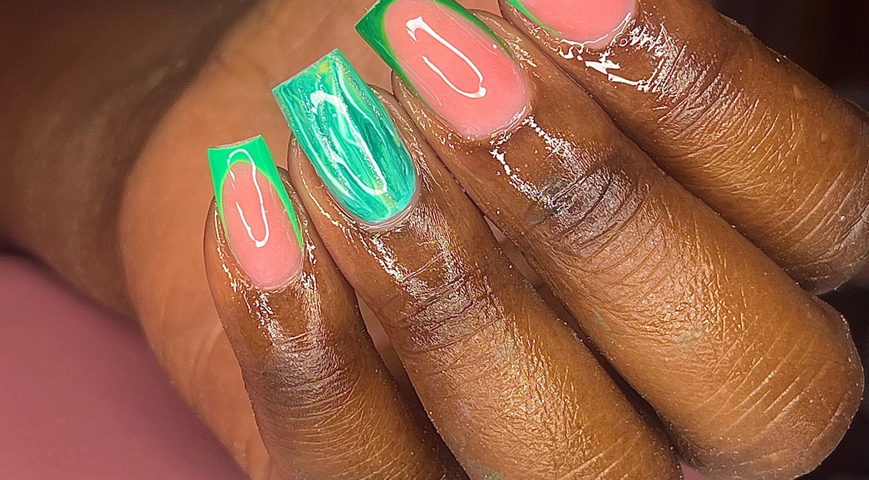 Vibrant green nail art from The Vanity Project, Mount Standfast, Saint James, BB, showcasing artistic flair.