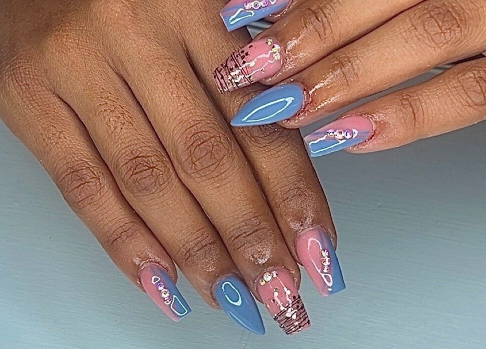 Elegant blue and pink nail art at The Vanity Project, Mount Standfast, Saint James, BB.