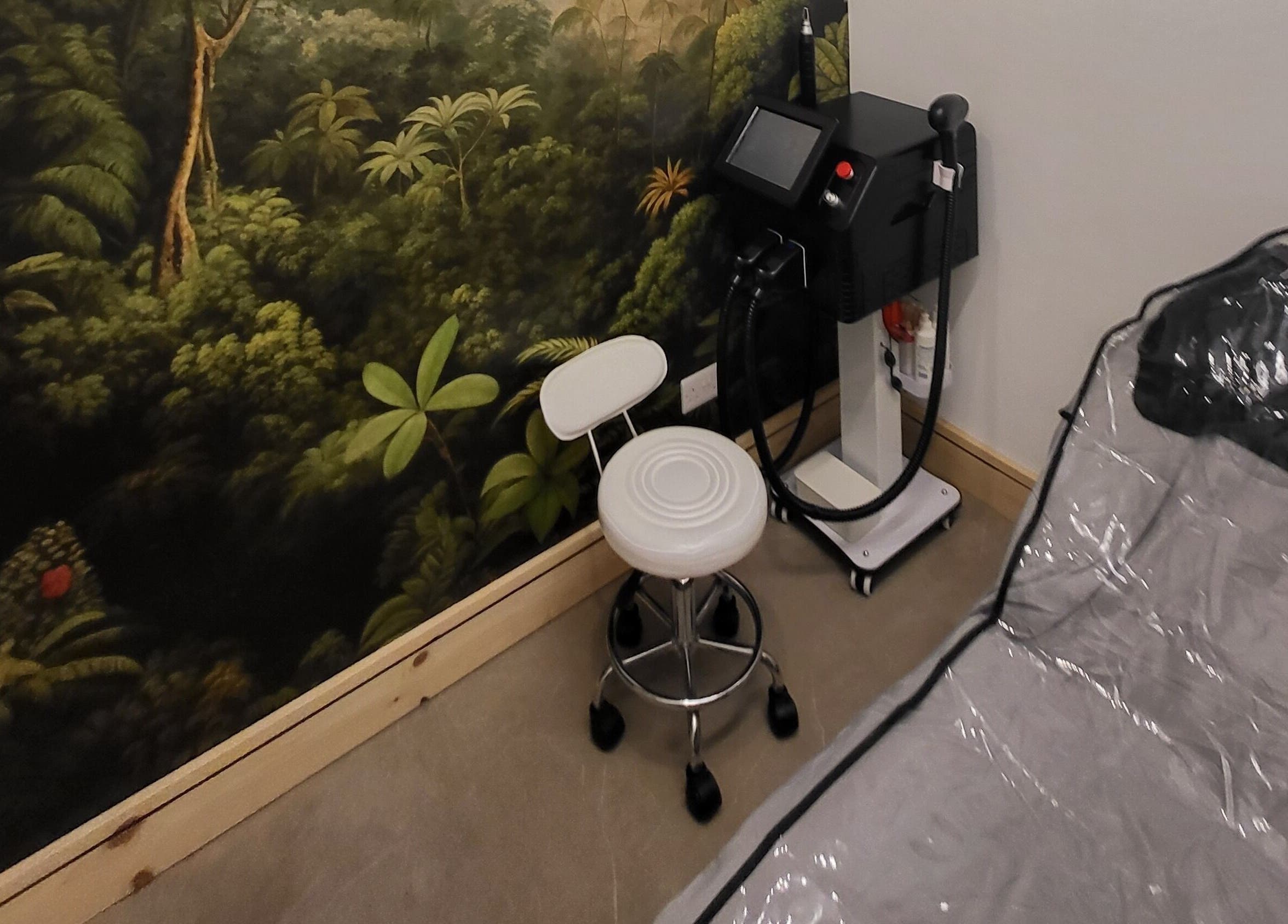 CK Laser at Salon Forty Four in Eastbourne, England, GB with lush tropical wall decor and modern chair.
