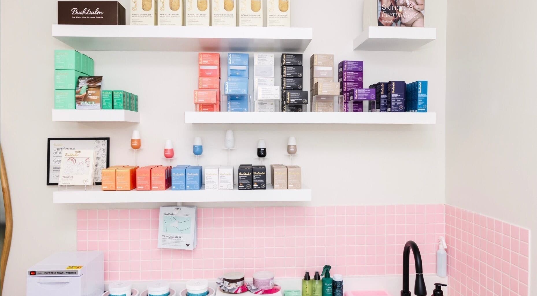 Colorful skincare and beauty products on display at Sugr Sugr Wax Bar in Ottawa, Ontario, CA.