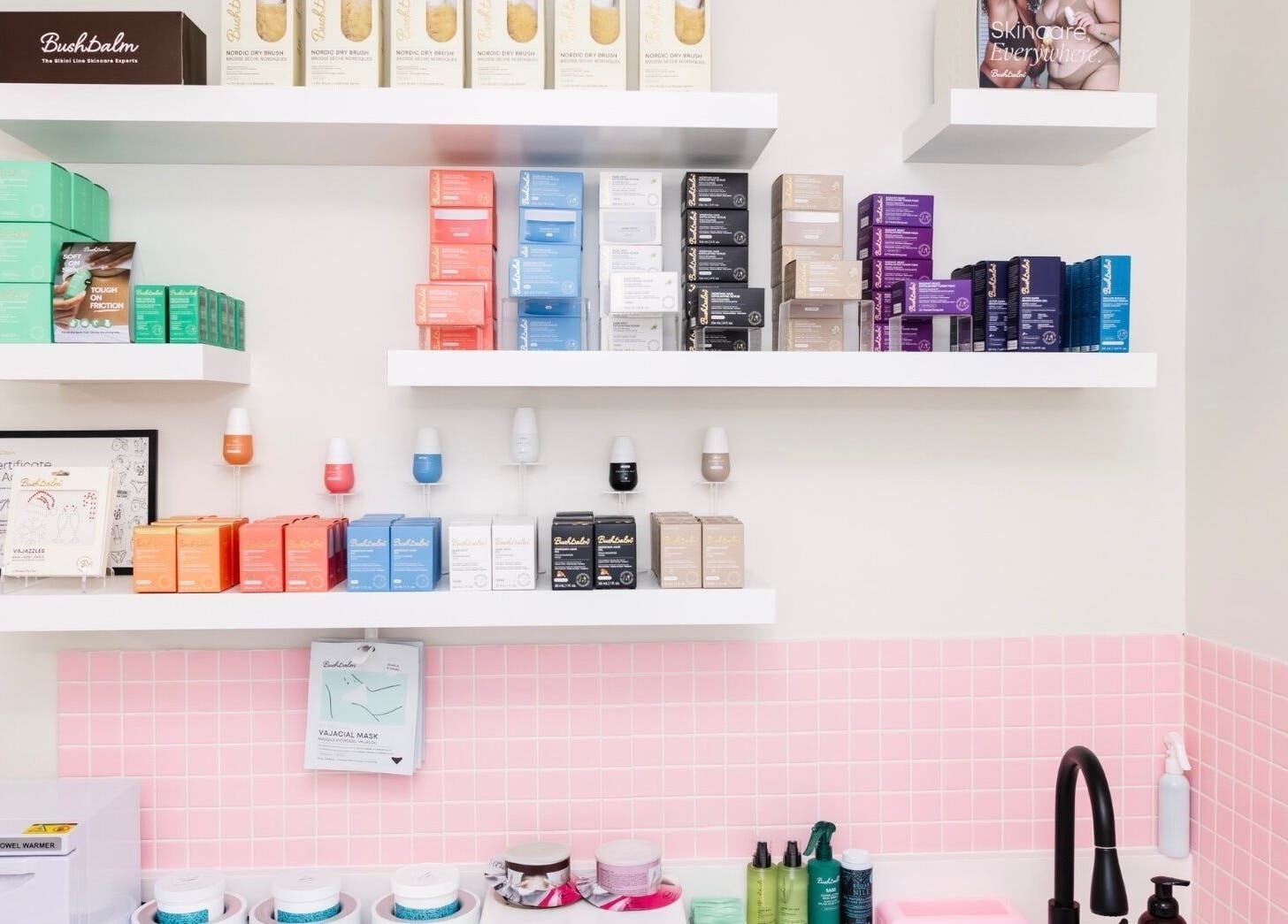 Vibrant product shelves at Sugr Sugr Wax Bar, Ottawa, Ontario, CA showcase diverse beauty items.