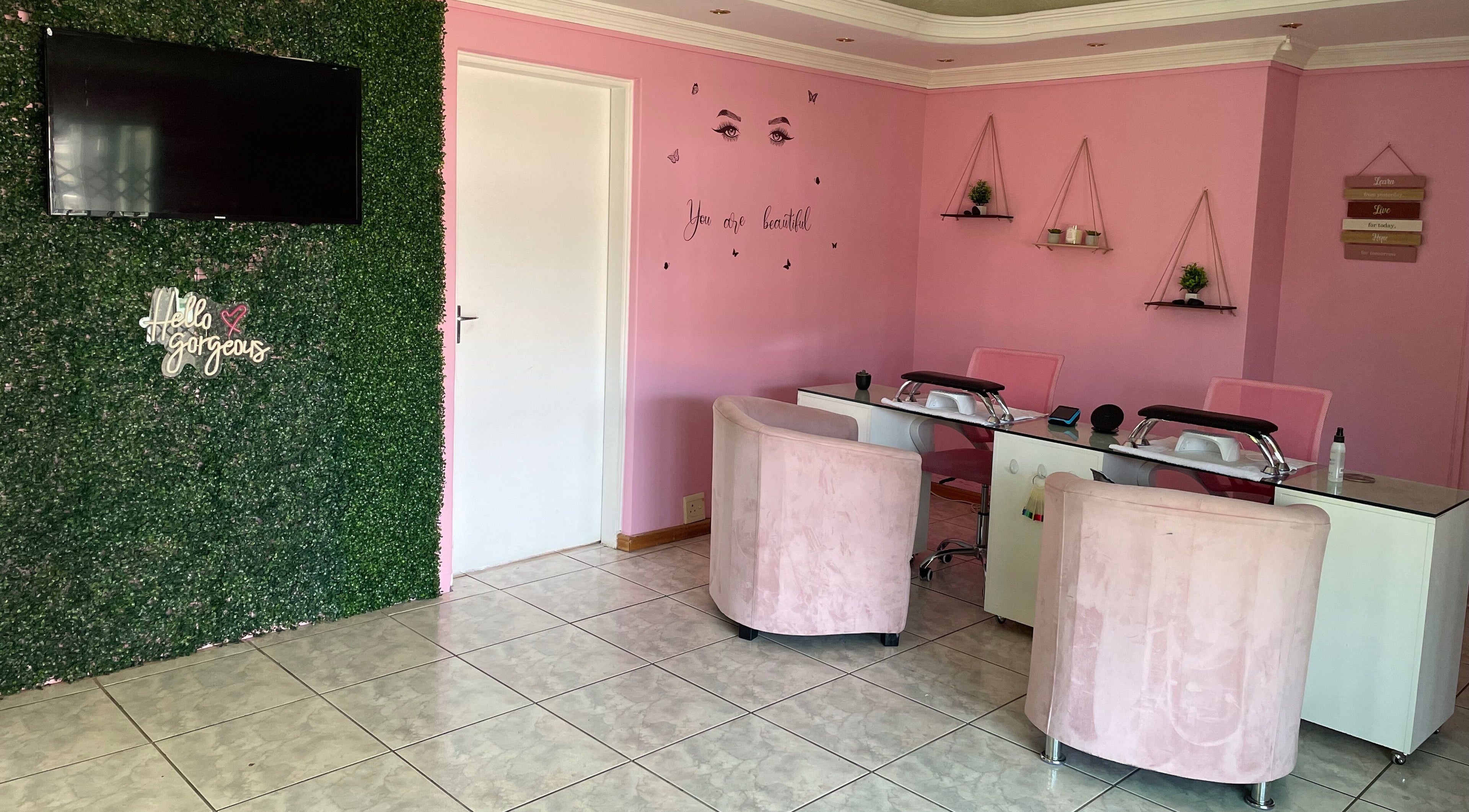 Chic pink nail lounge at Defined Elegance in Durban North, Kwazulu-natal, ZA.