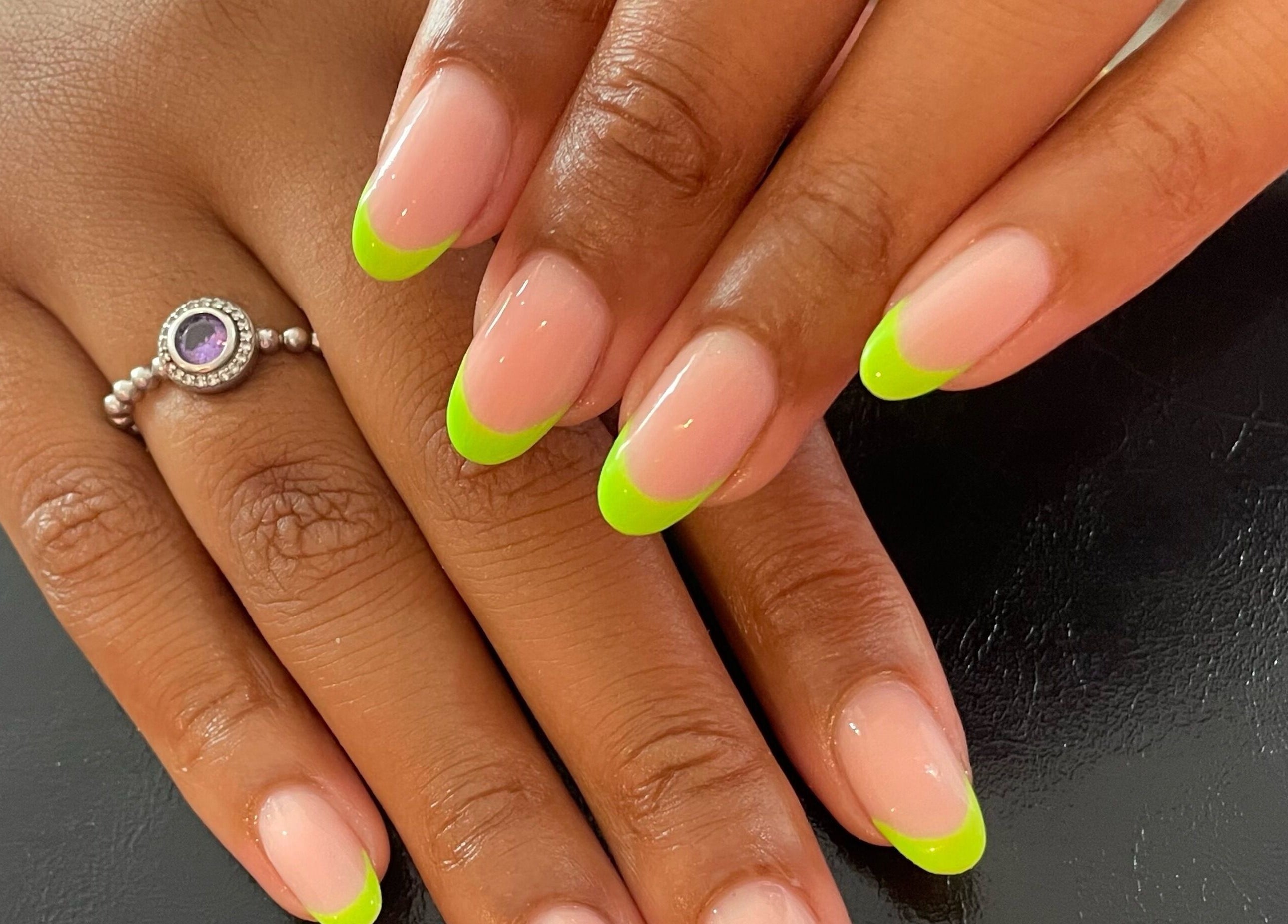 Vibrant neon French manicure at Defined Elegance, Durban North, Kwazulu-natal, ZA.