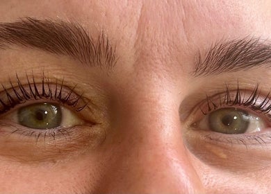 Closeup of expertly curled lashes at EG Beauty in Portree, Scotland, GB, showcasing elegant lash styling.