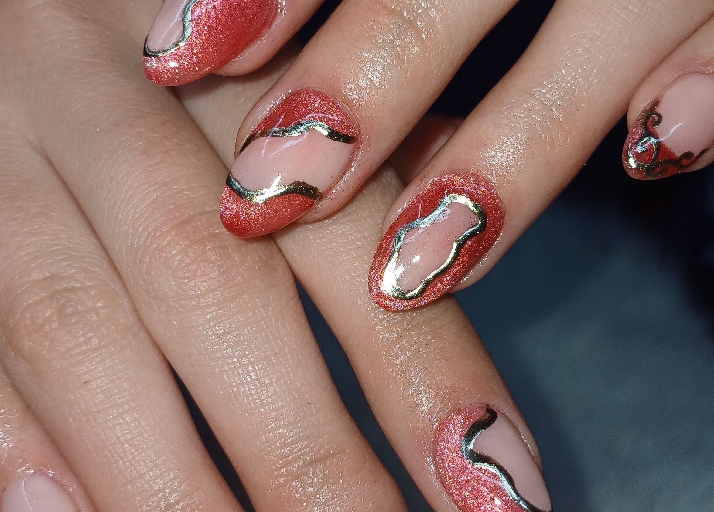 Intricate red and black wavy nail art at Nails by Meegs, Edenvale, Gauteng, ZA. Nail design for elegance and style.