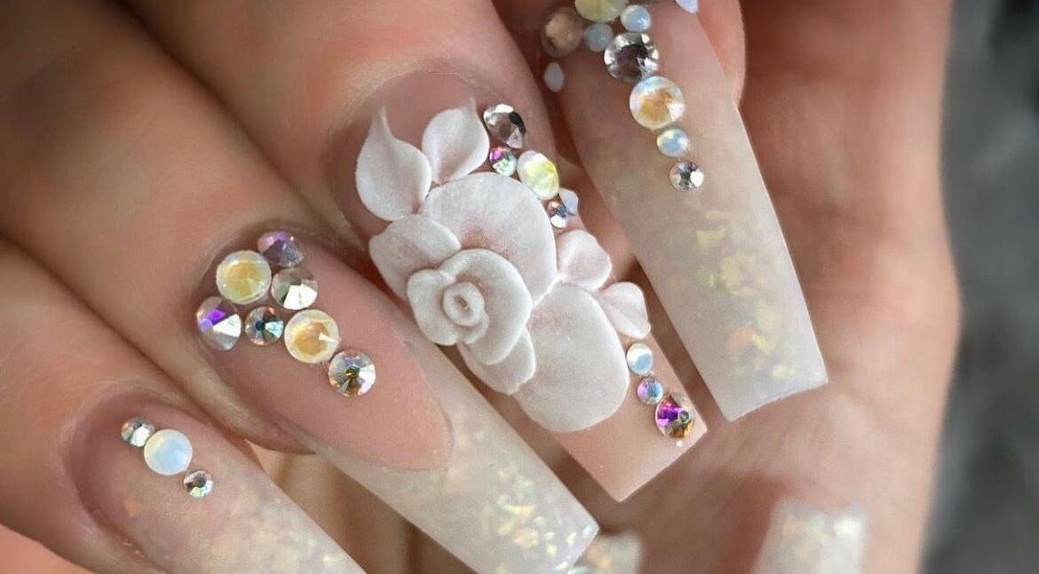 3D floral and gem nail art at Artistry Lash Brows & Nails Studio, Twin Falls, Idaho, US