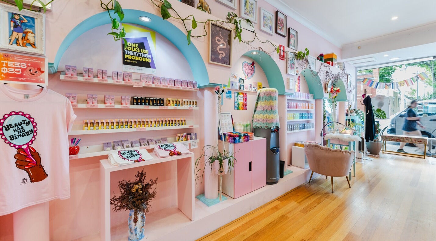 Charming interior of Miss Jay's Nails - Thornbury featuring bright decor and products in Melbourne, Victoria, AU.