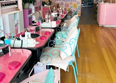 Interior view of Miss Jay's Nails - Footscray in Melbourne, Victoria, AU, showcasing vibrant nail stations.