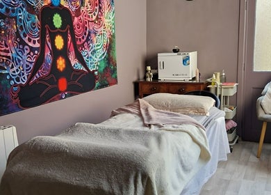 Peaceful therapy room at The Green Witches Doneraile Well Being Hub, Doneraile, County Cork, IE with chakra art.