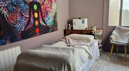 Peaceful therapy room at The Green Witches Doneraile Well Being Hub, Doneraile, County Cork, IE with chakra art.