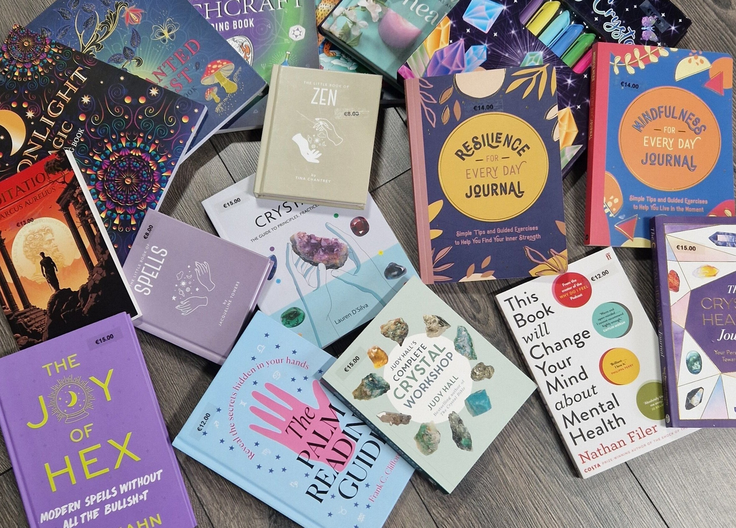 Collection of spiritual books at The Green Witches Doneraile Well Being Hub, Doneraile, County Cork, IE.