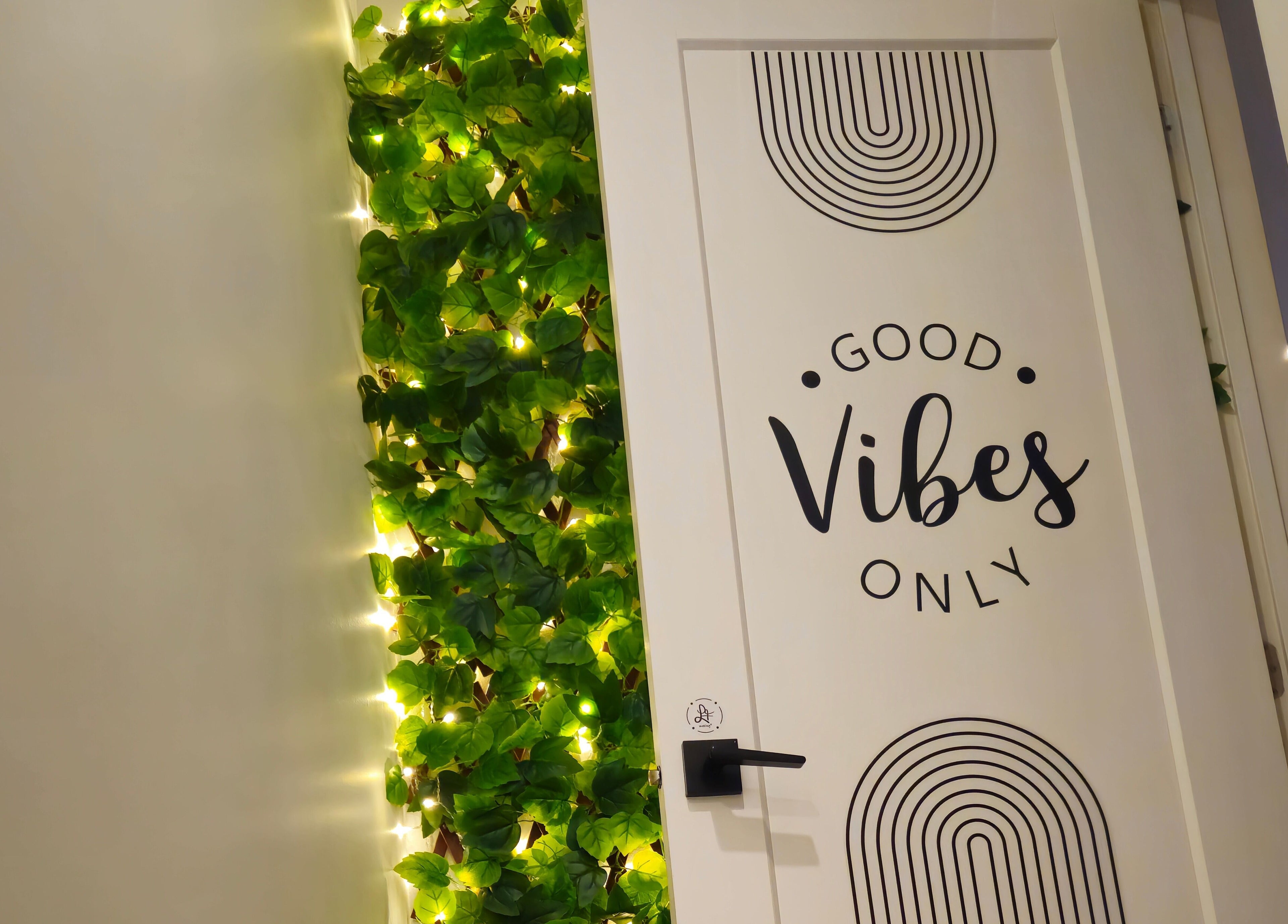 Entrance door with 'Good Vibes Only' at L.F Waxing, Montreal, Québec, CA, beside decorative green foliage.