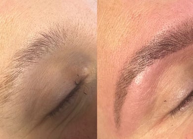 Eyebrow transformation at Libby’s Beauty, Welcombe, England. Before and after professional brow shaping.