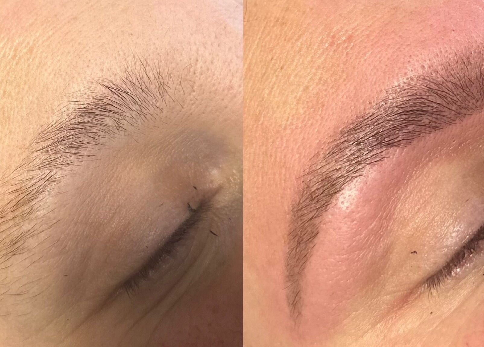 Eyebrow transformation at Libby’s Beauty, Welcombe, England. Before and after professional brow shaping.
