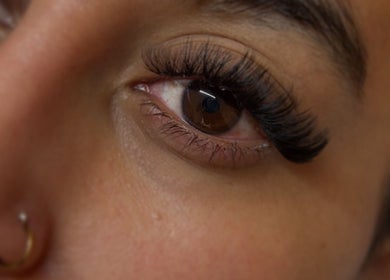 Close-up of beautifully styled eyelashes at Kinesha Studio, Bedford, England, GB.