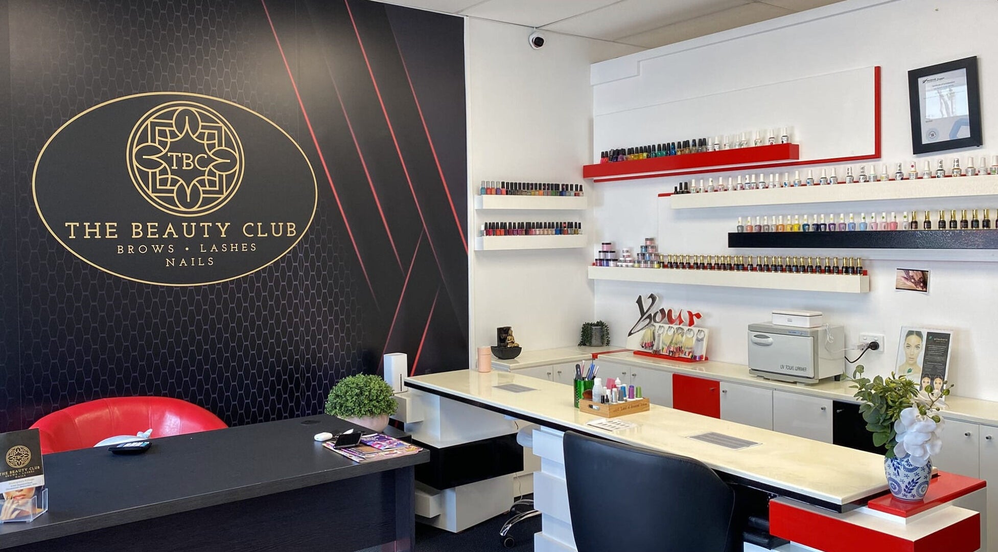 The Beauty Club reception showcasing nail polish displays in Christchurch, Canterbury, NZ.