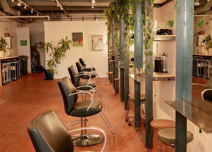 Chic salon interior at Lavender in Portland, Maine, US with sleek chairs and lush greenery.