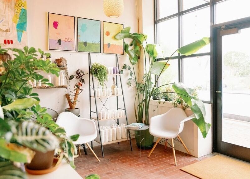 Elegant seating area in Lavender, Portland, Maine, US with greenery and art.
