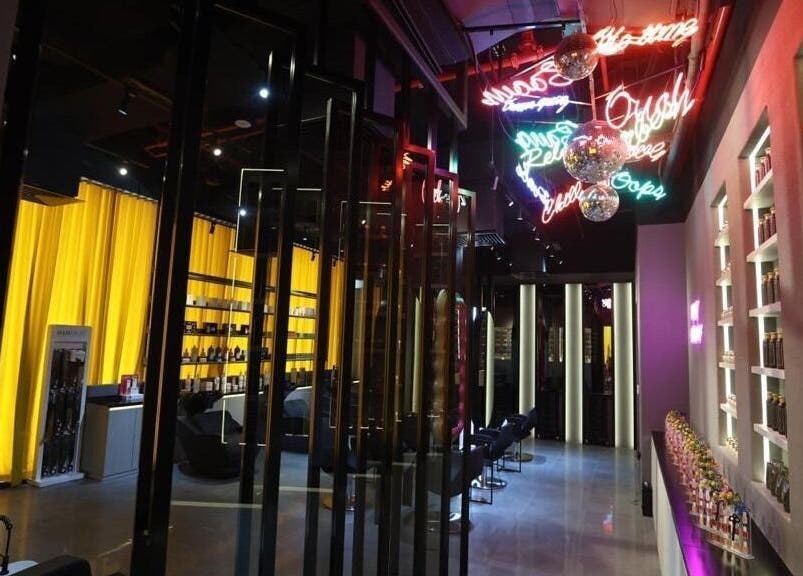 Modern beauty salon interior with neon lights at 360 Beauty Lounge, Sharjah, Sharjah, AE.