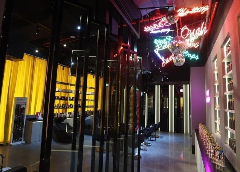 Modern beauty salon interior with neon lights at 360 Beauty Lounge, Sharjah, Sharjah, AE.