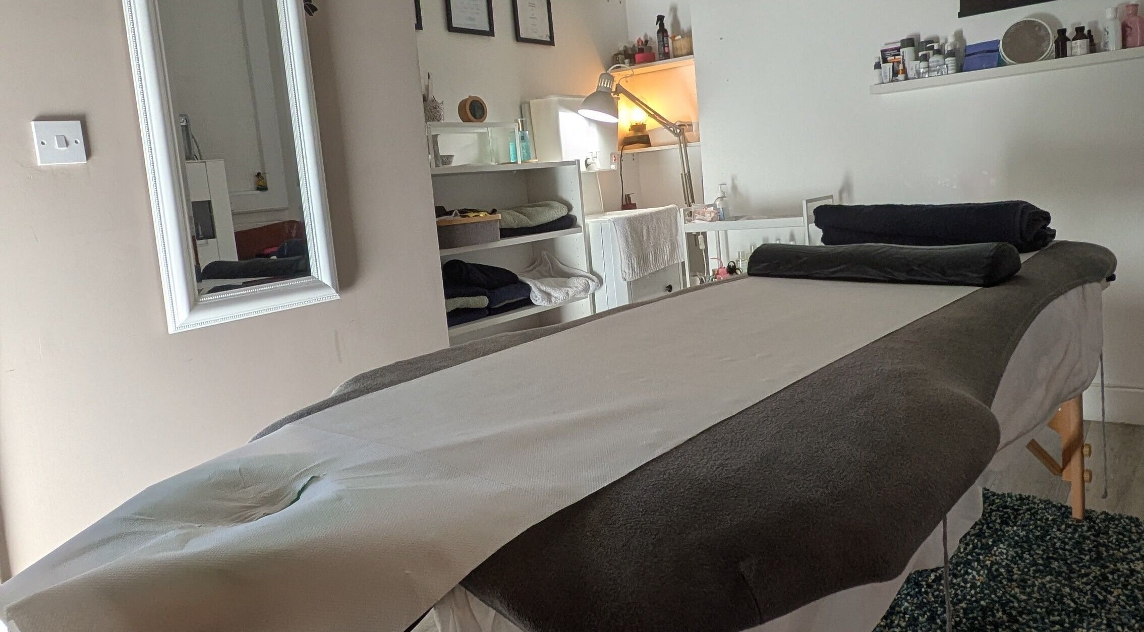 Massage room at AP Beauty Therapy, Swords, County Dublin, IE, highlighting a serene treatment bed setup.