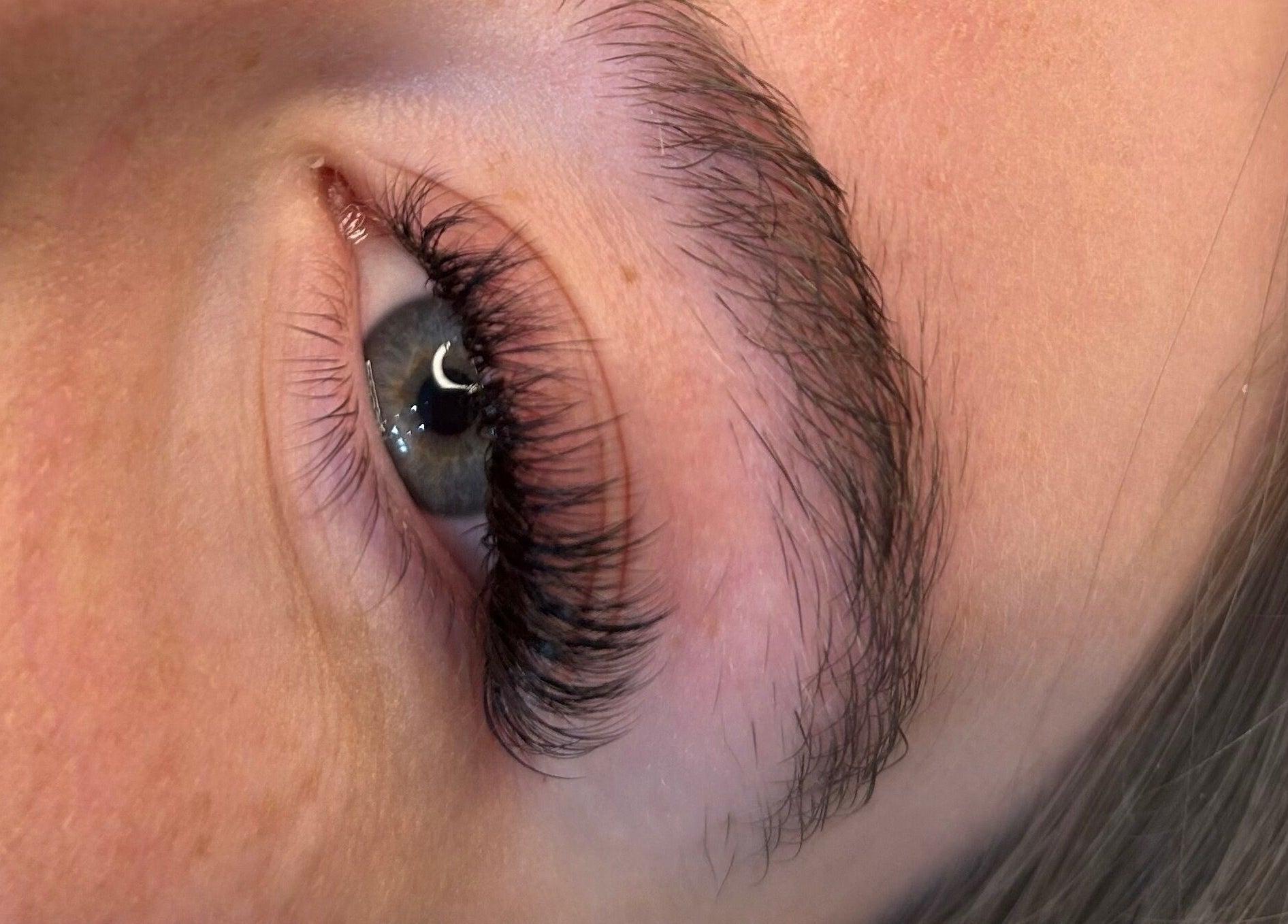 Detailed close-up of expertly styled eyelashes at Ekb Studio, Lydney, England, GB.