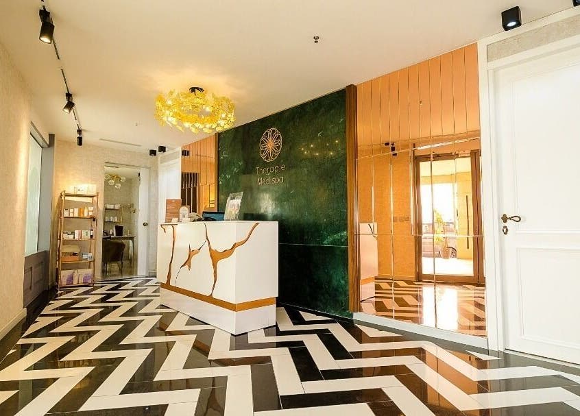 Stylish reception area at Therapie Medspa in Lagos, Lagos, NG featuring chic decor and modern design.