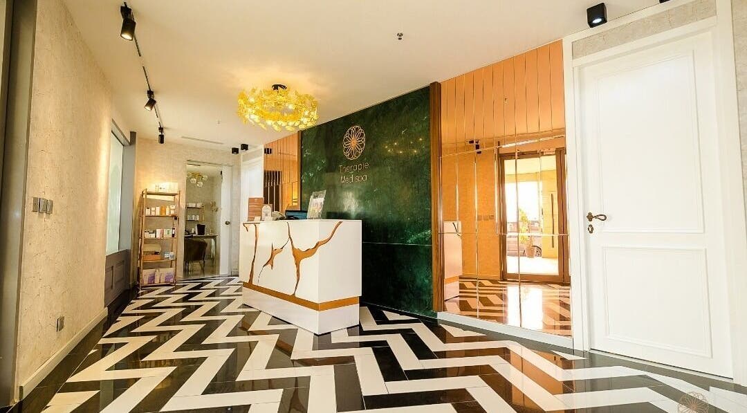 Stylish reception area at Therapie Medspa in Lagos, Lagos, NG featuring chic decor and modern design.