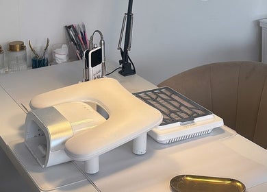 Nail station at House of Glam, Newcastle upon Tyne, England, GB, showcasing modern equipment and tools.