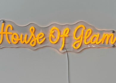 Glowing neon sign reading 'House of Glam' at Newcastle upon Tyne, England, GB.