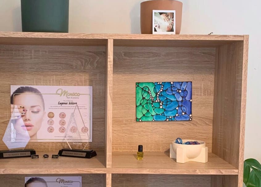 Elegant shelf display at MooMooCat Nails in Auckland, NZ, featuring awards and colorful art piece.