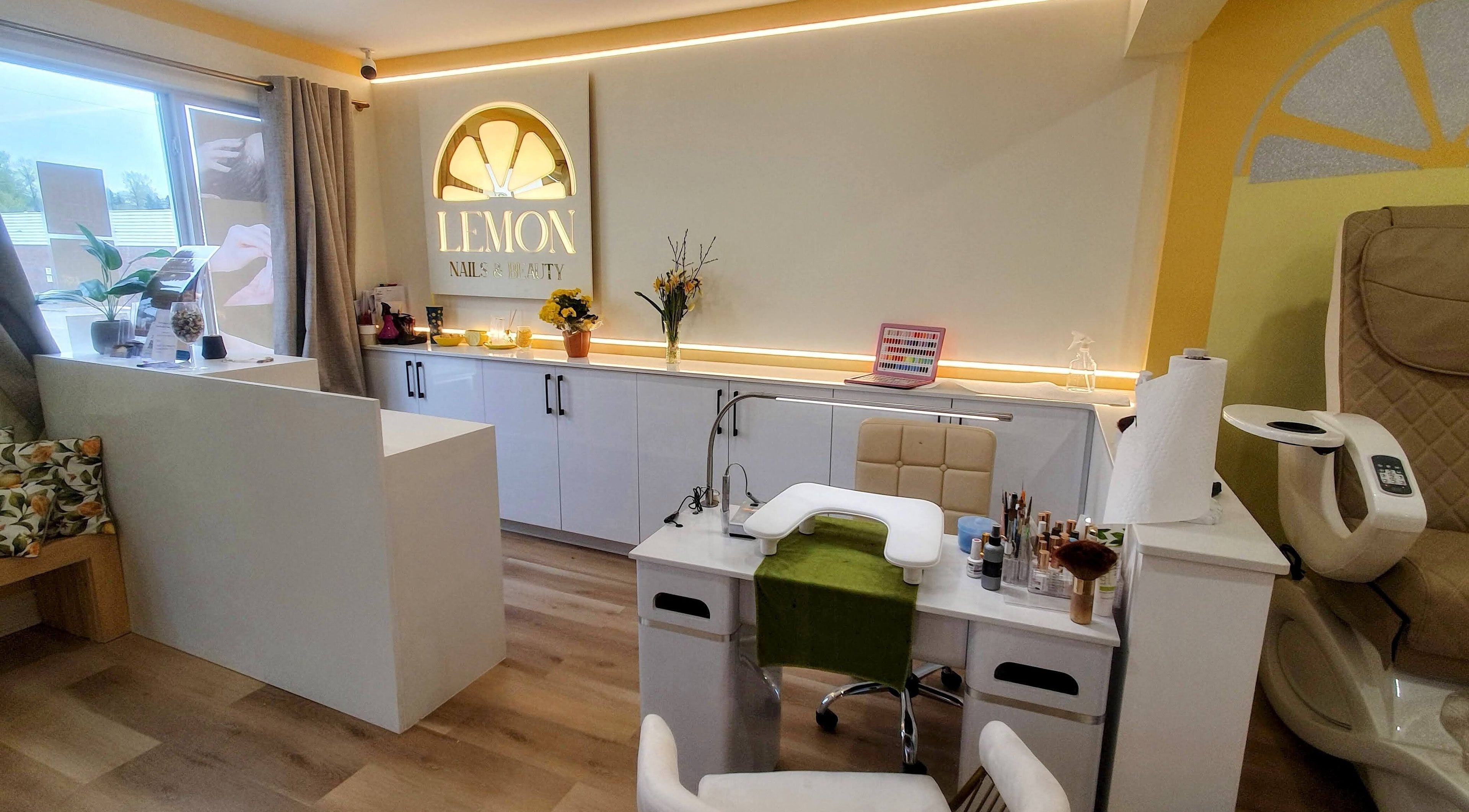 Interior of Lemon Nails and Beauty in Prince George, BC, featuring modern nail stations and stylish decor.