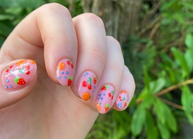 Vibrant fruit nail art by Polished by Victoria in Redruth, England, GB.