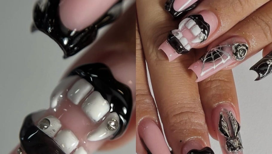 Unhas artísticas em preto e rosa com designs ousados no Studio Bruna Carvalho, Amadora, Lisboa, PT.