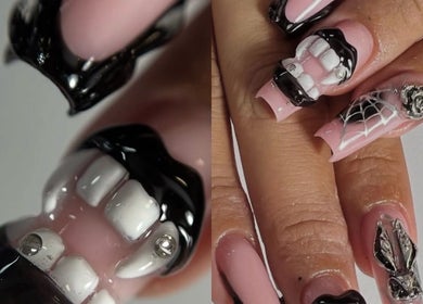 Unhas artísticas em preto e rosa com designs ousados no Studio Bruna Carvalho, Amadora, Lisboa, PT.