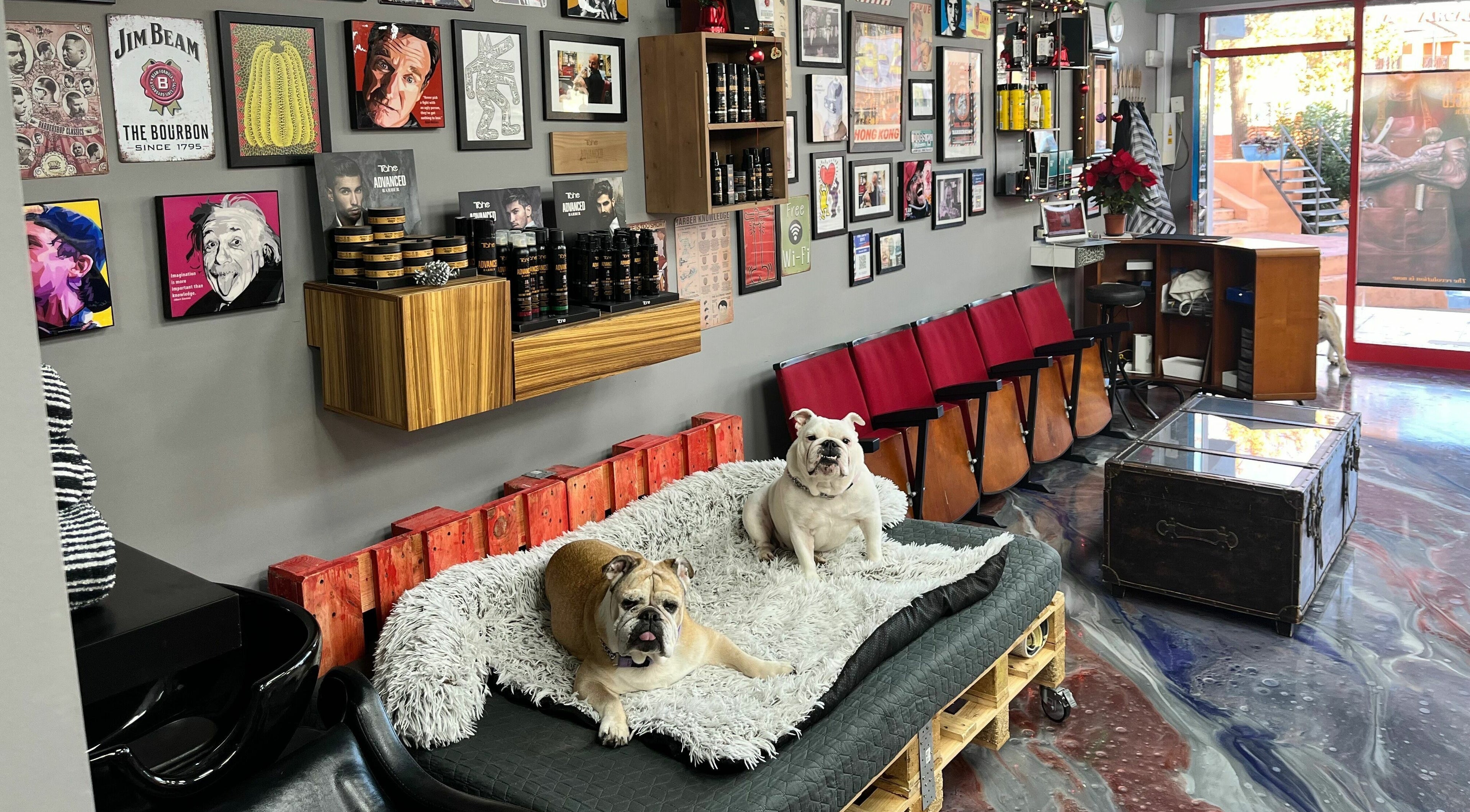 Cozy seating area with bulldogs at Mr. Lee's Barbershop, Magaluf, Illes Balears, ES.