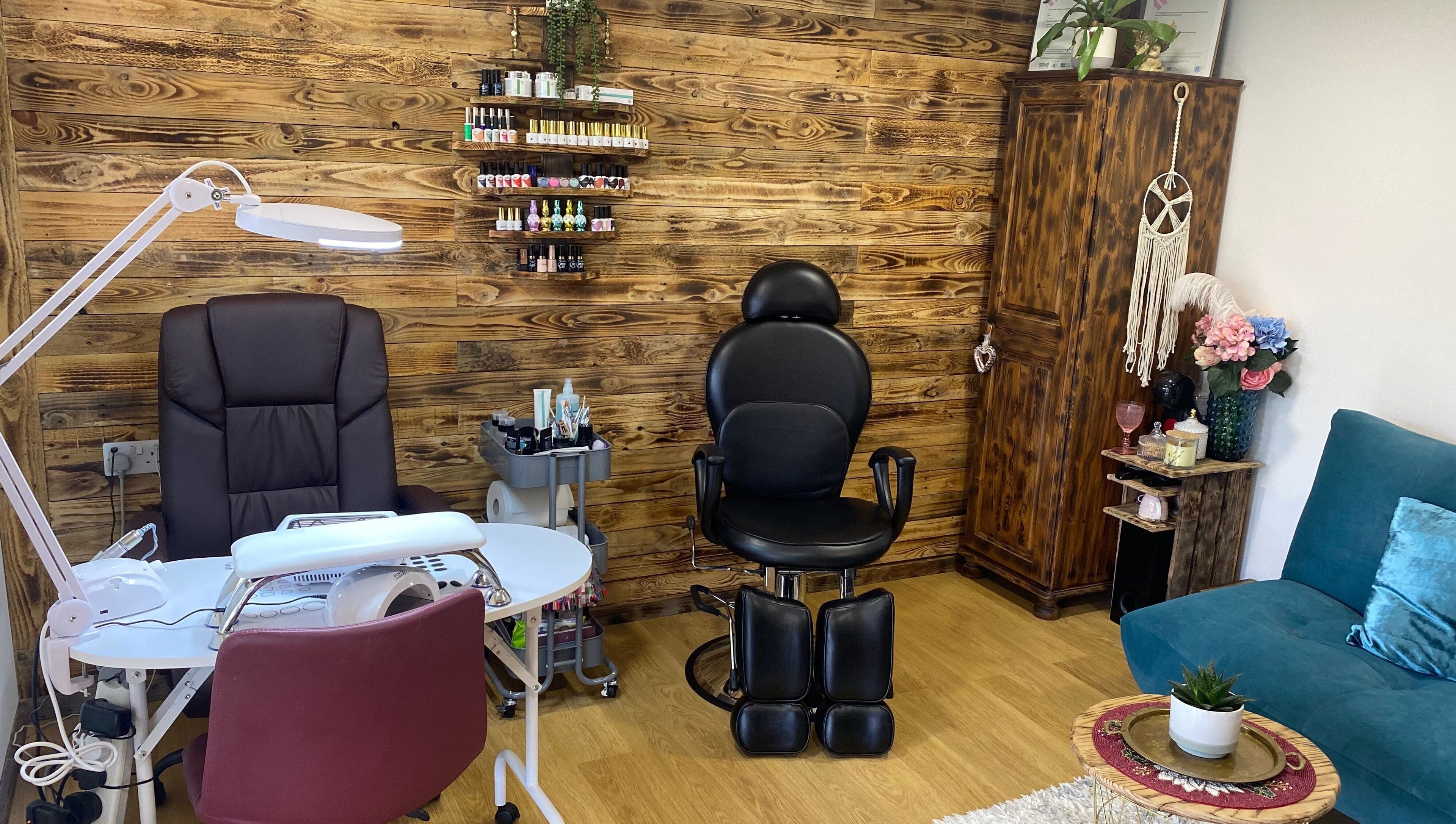 Cozy beauty station at Sky 4 Nails, Poole, England, GB. Features a manicure setup and wooden decor.