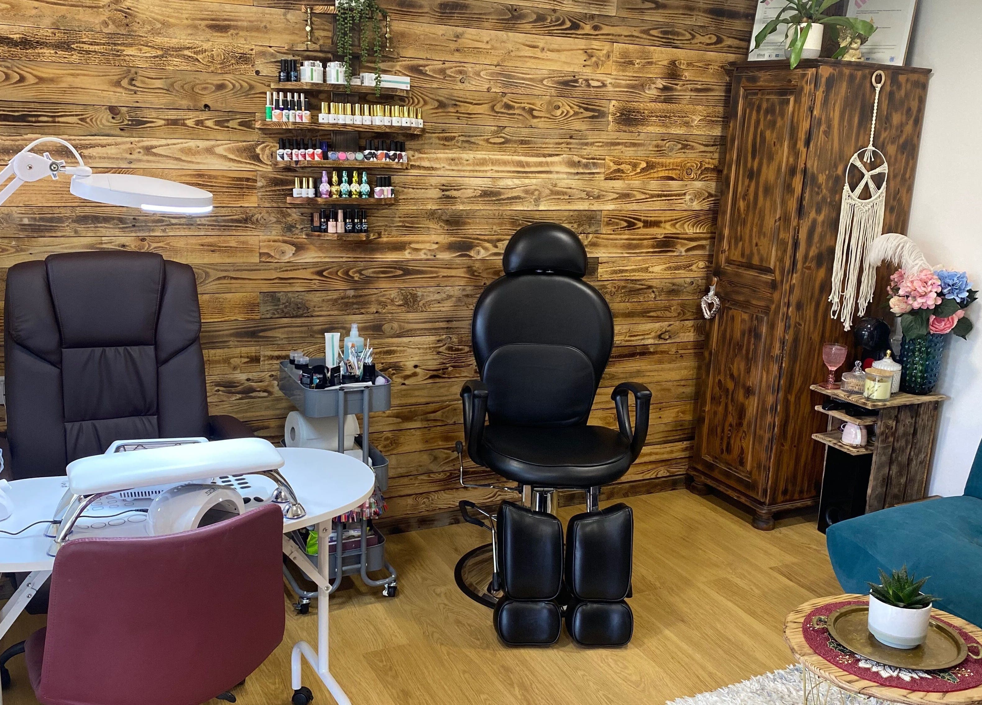 Cozy beauty station at Sky 4 Nails, Poole, England, GB. Features a manicure setup and wooden decor.