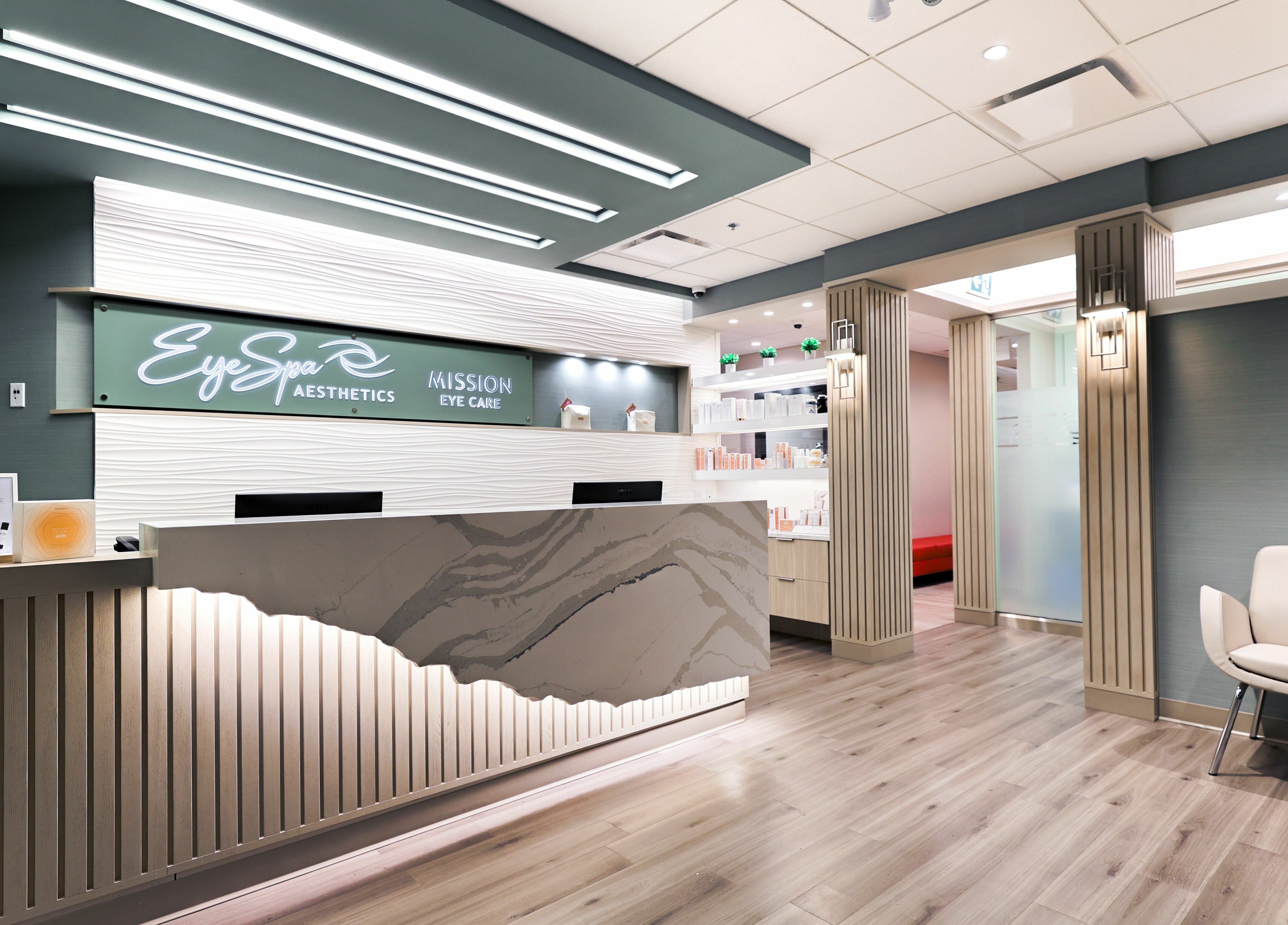 Eye Spa Aesthetics modern reception area in Calgary, Alberta, CA with stylish decor and serene ambiance.