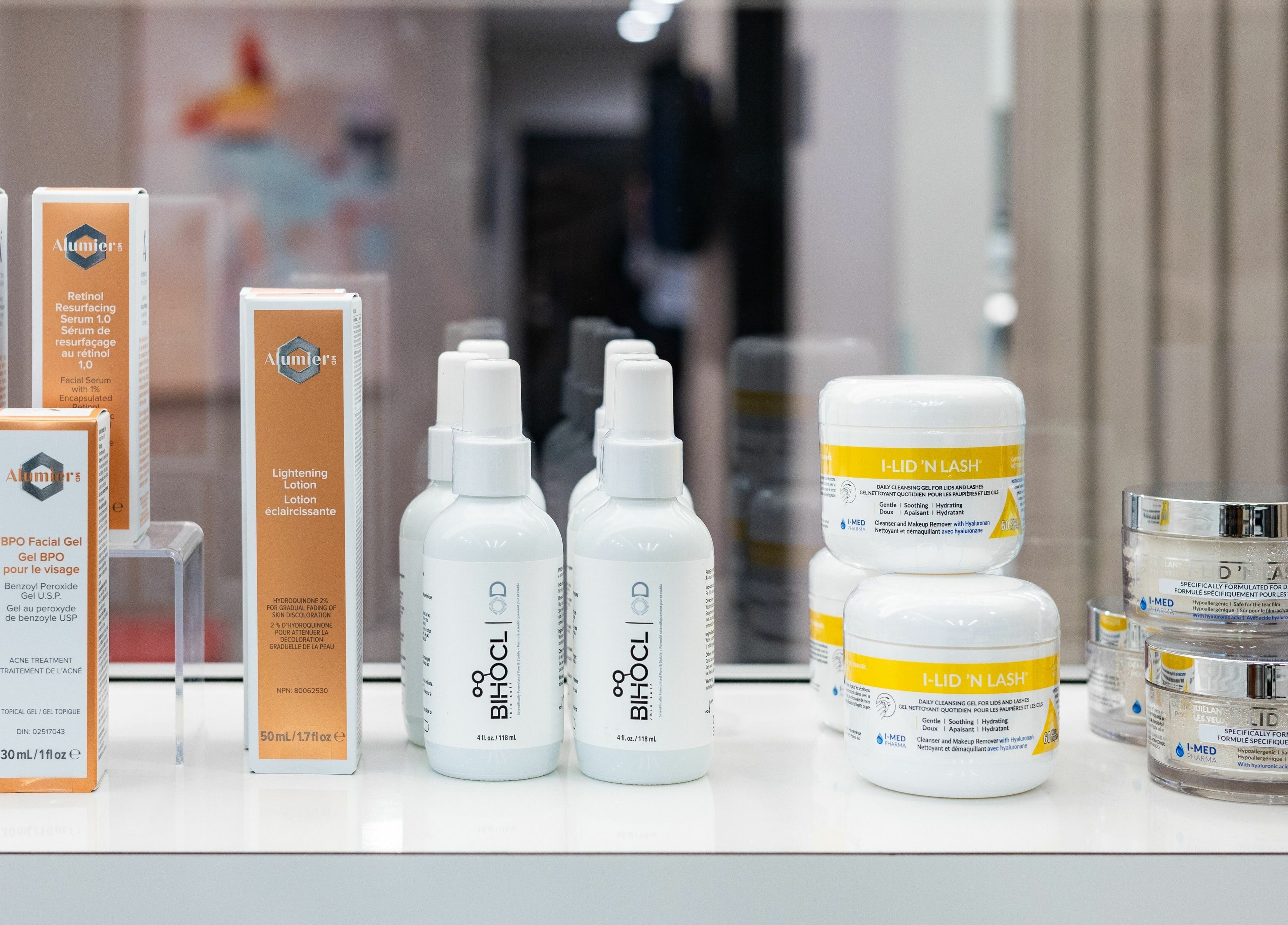 Diverse skincare products at Eye Spa Aesthetics, Calgary, Alberta, CA. Premium beauty essentials on display.