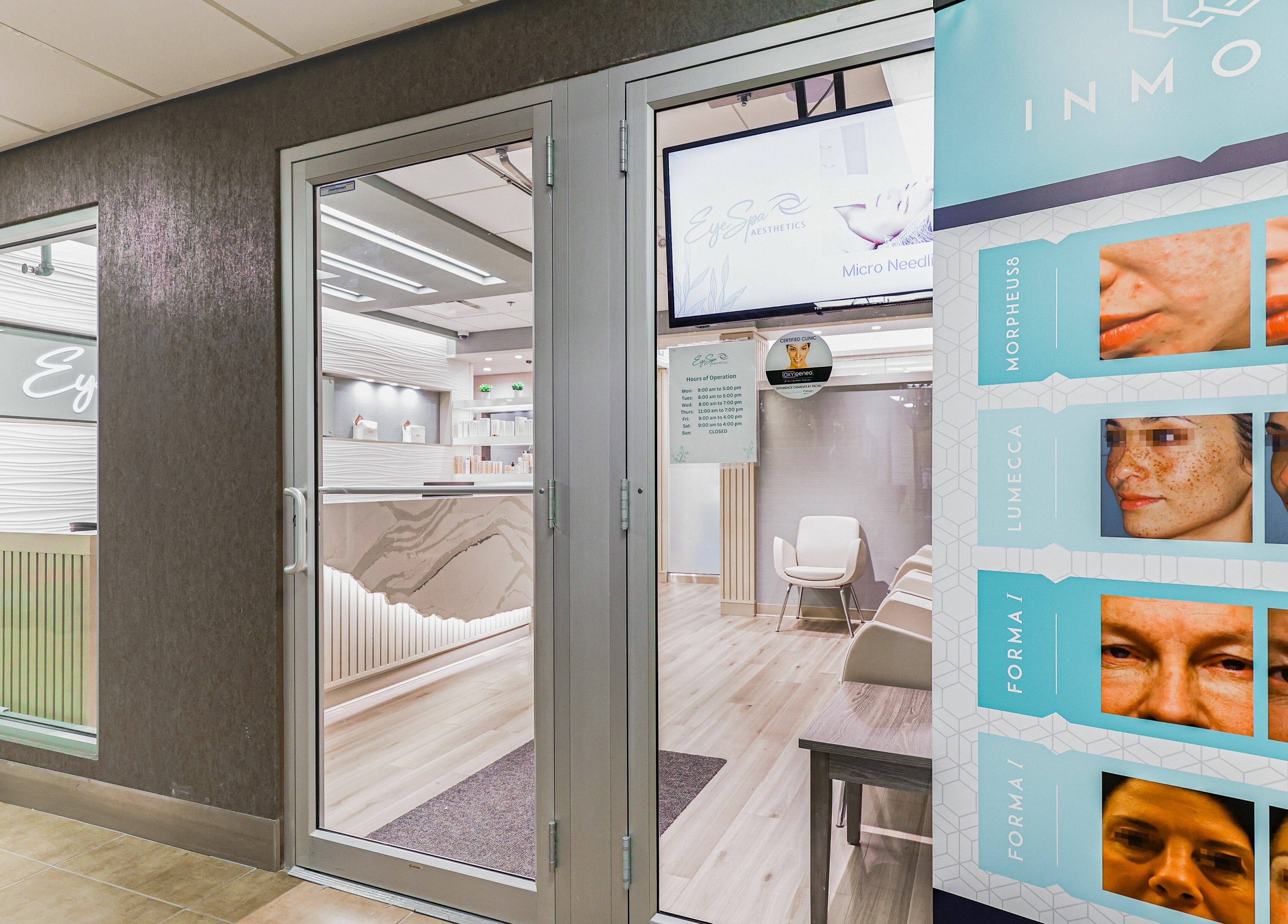 Eye Spa Aesthetics entrance showcasing modern interior in Calgary, Alberta, CA.