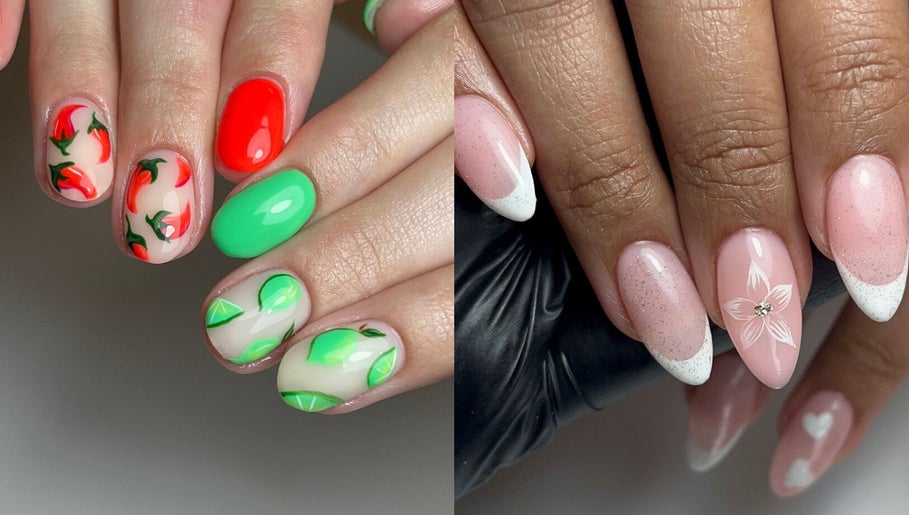 Stylish nail art at Oh Lush Nails, Ystrad Mynach, Wales, GB featuring fruit designs and floral accents.
