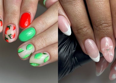 Stylish nail art at Oh Lush Nails, Ystrad Mynach, Wales, GB featuring fruit designs and floral accents.