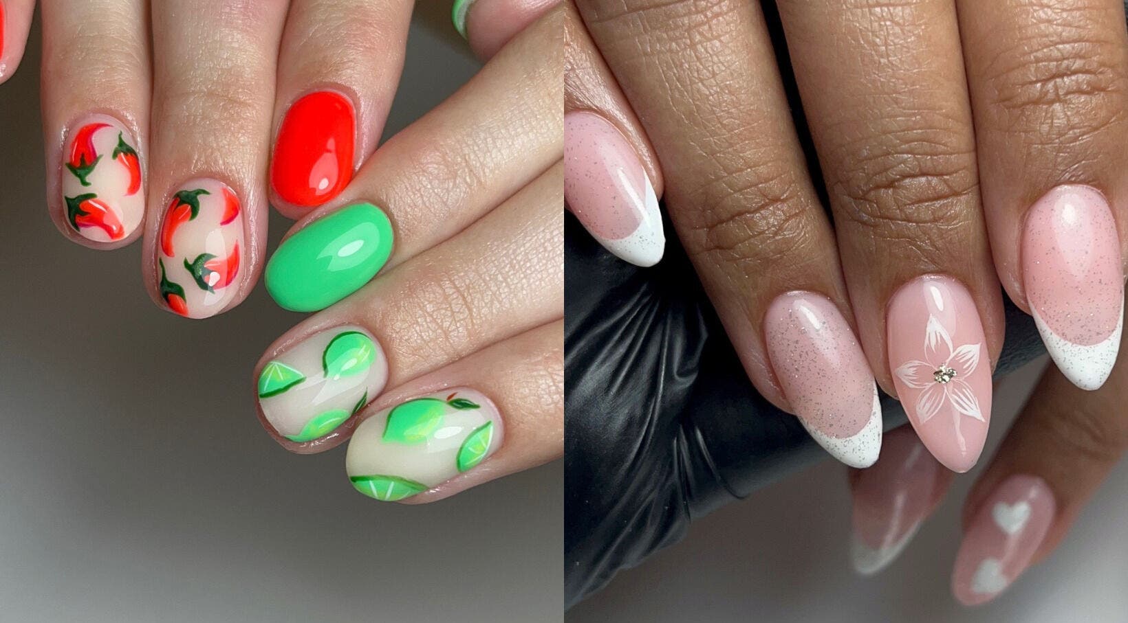 Stylish nail art at Oh Lush Nails, Ystrad Mynach, Wales, GB featuring fruit designs and floral accents.