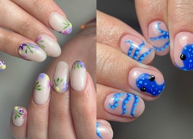 Creative nail art with floral and octopus designs at Oh Lush Nails, Ystrad Mynach, Wales, GB.