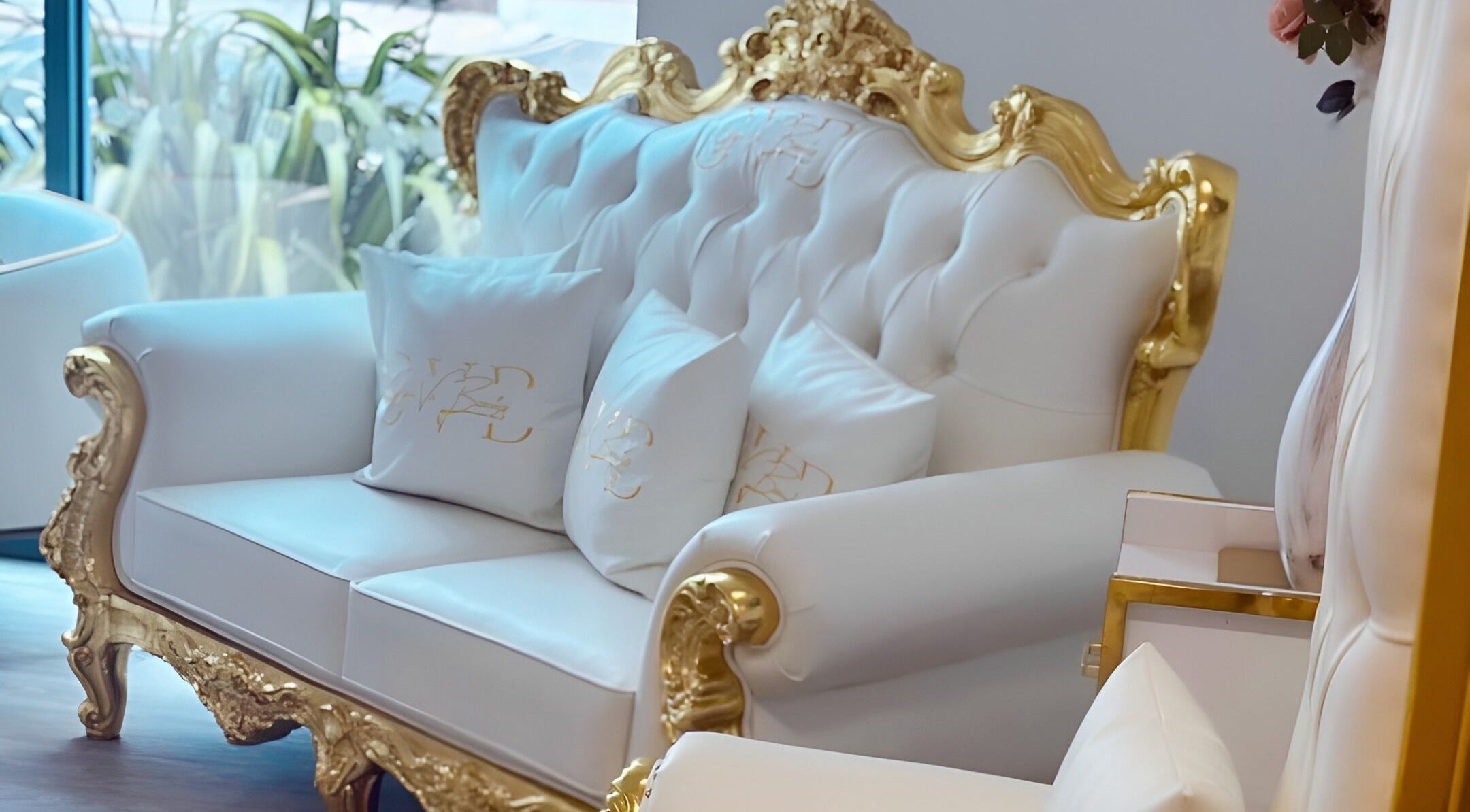 Elegant white and gold sofa at Gigi Vi Ltd, Plymouth, England, GB, showcasing luxury decor and comfort.