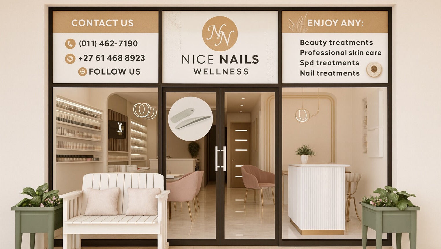 Front view of Nice Nails and Wellness, a stylish beauty spa in Johannesburg, Gauteng, ZA.
