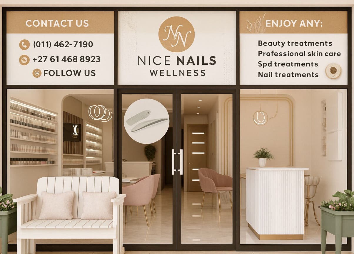 Front view of Nice Nails and Wellness, a stylish beauty spa in Johannesburg, Gauteng, ZA.