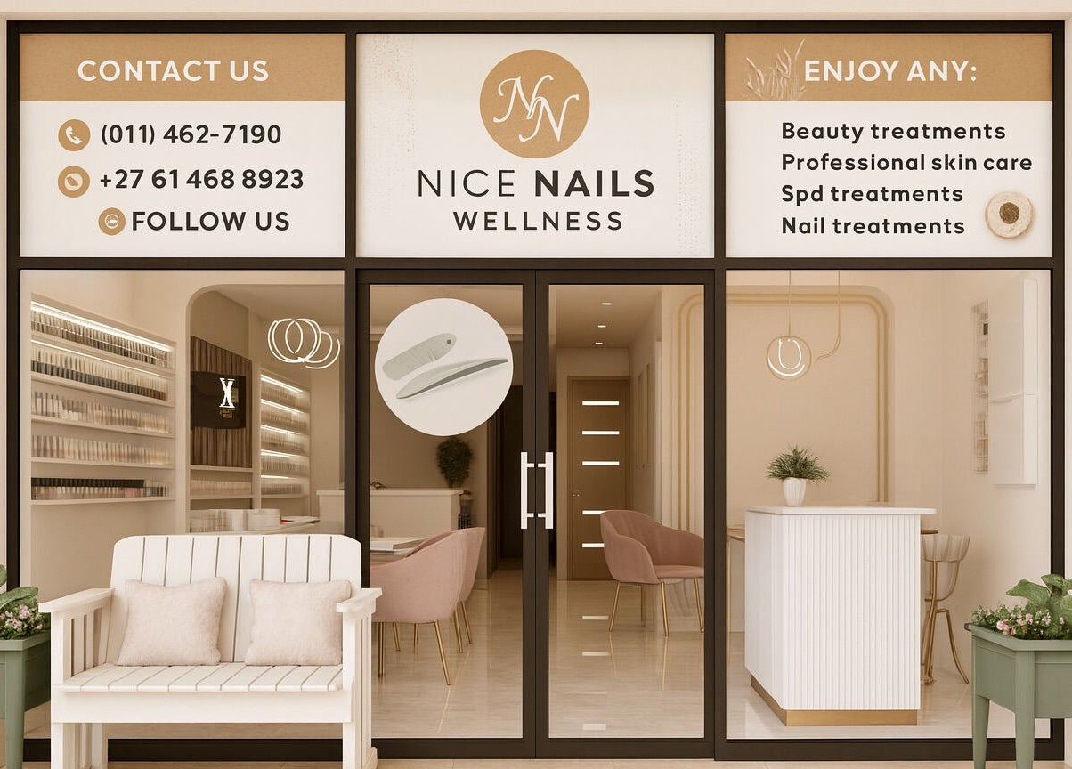 Front view of Nice Nails and Wellness, a stylish beauty spa in Johannesburg, Gauteng, ZA.