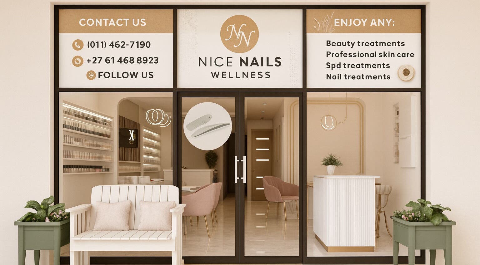 Front view of Nice Nails and Wellness, a stylish beauty spa in Johannesburg, Gauteng, ZA.